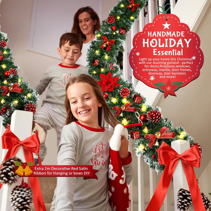 DOIOWN Christmas Garland with Lights,9Ft Prelit Christmas Garland for Mantle,100 LED Christmas Decorations Garland with Berries,Bows,Pine Cones,Flowers for Stairs Indoor Outdoor Decor Battery Operated