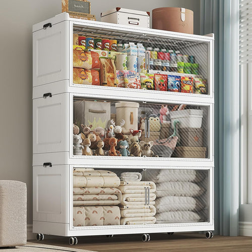 150GAL Extra Large Stackable Storage Bins with Lid, 600QT Plastic Closet Organizer and Storage Cabinet with Wheels and Doors, Folding Storage Box Container for Home Organization, 3Pack White