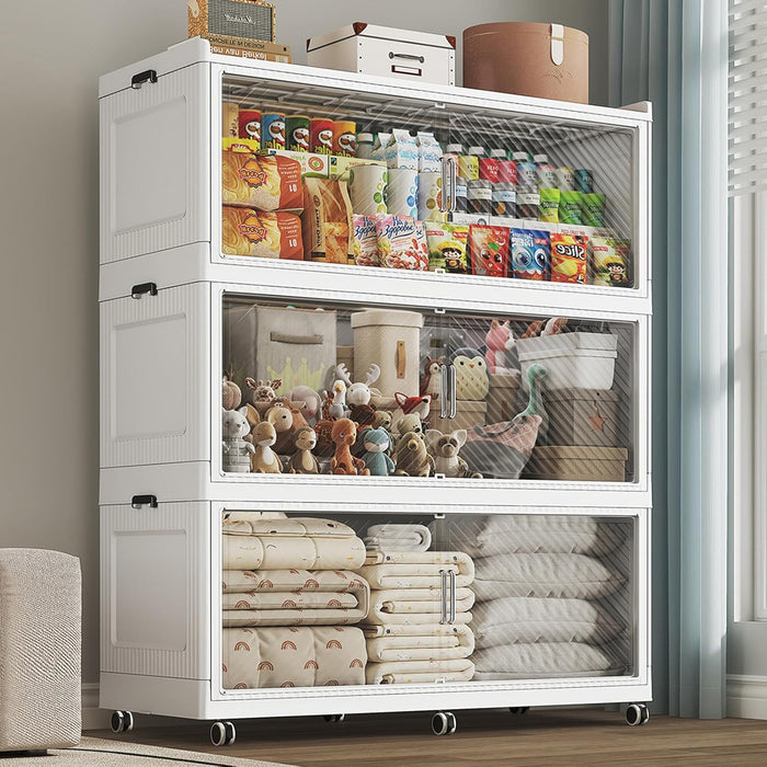 150GAL Extra Large Stackable Storage Bins with Lid, 600QT Plastic Closet Organizer and Storage Cabinet with Wheels and Doors, Folding Storage Box Container for Home Organization, 3Pack White