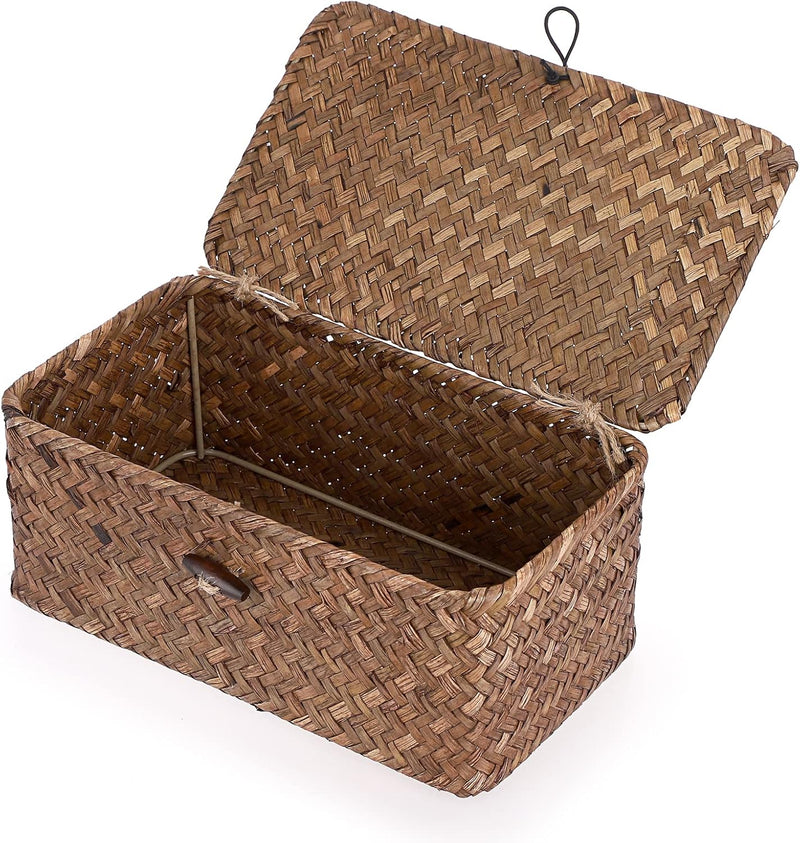 Hipiwe Wicker Shelf Baskets Bin with Lid, Handwoven Seagrass Basket Storage Bins Rectangular Household Basket Boxes for Shelf Wardrobe Home Organizer, Coffee Small