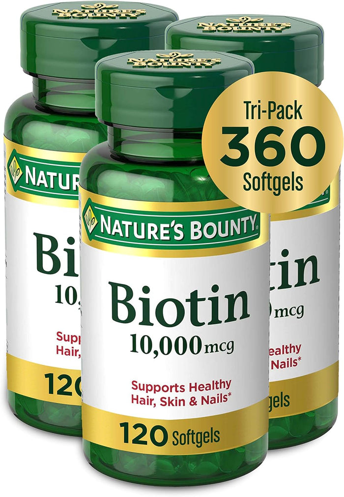 Nature's Bounty Biotin Hair Skin and Nails Vitamins, Supports Healthy Hair, Skin and Nails, 10,000 mcg, 120 Softgels (Pack of 1)
