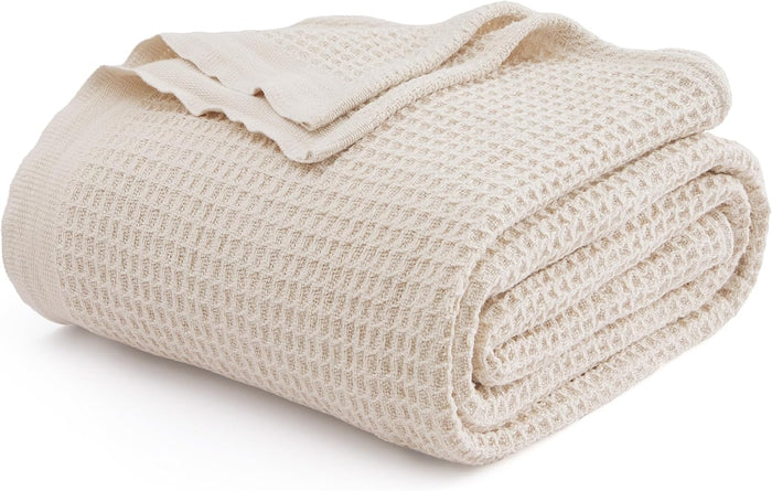 Bedsure Gentlesoft 100% Cotton Blanket King Size for Bed - Breathable and Soft, Thick Cozy Waffle Weave Christmas Blanket Gift for Women, Khaki (a Little Bit Yellow), 104x90 inches