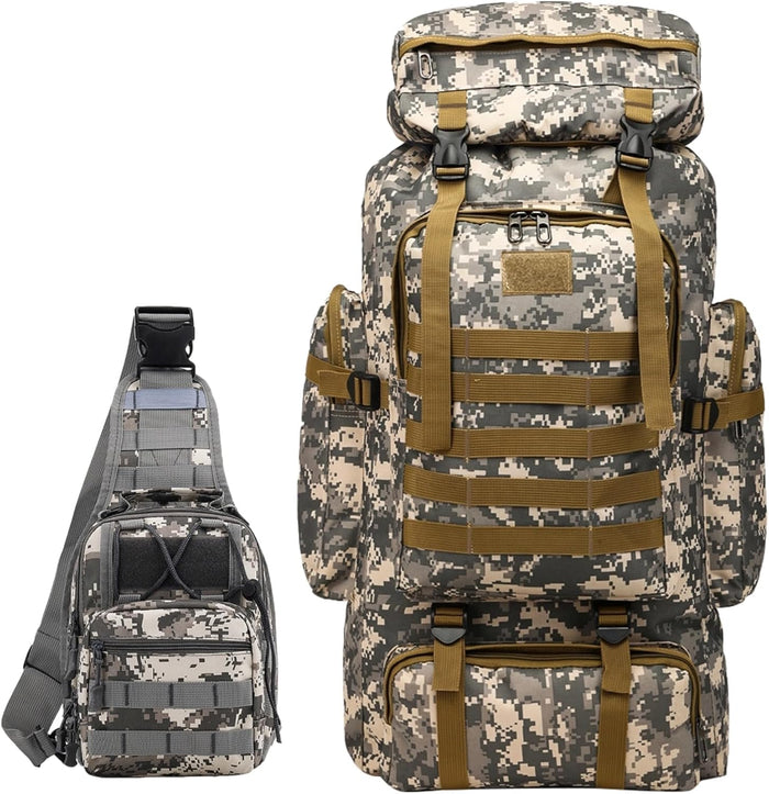 JUMAHE 80L 2-pack Hiking Backpack for Men with Sling Tactical Backpack - Rucksack Molle Military Tactical Waterproof Lightweight Camping Backpack 3 Day Assault Pack for Travel, Climbing, Backpacking