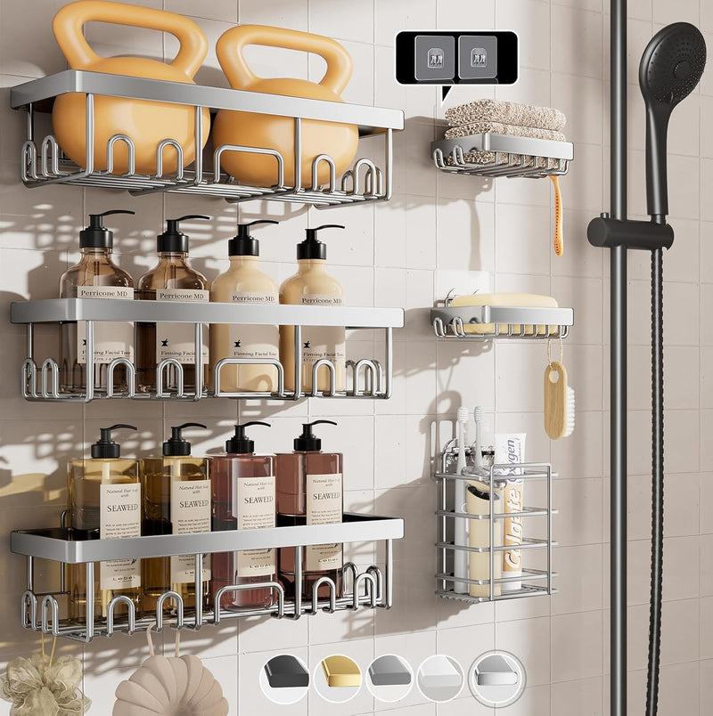 Veken Rustproof Shower Caddy 6-Pack, No Drilling & Waterproof Adhesive Shower Shelves Rack with Soap Holder, Large Capacity Bathroom Organizers and Storage, Wall-Mounted Kitchen & Home Decor