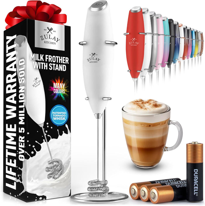 Zulay Kitchen Powerful Milk Frother Wand With 2 Duracell Batteries - Ultra Fast Handheld Drink Mixer - Electric Whisk Foam Maker for Coffee, Lattes, Cappuccino, Matcha, Hot Chocolate & Creamer - Black
