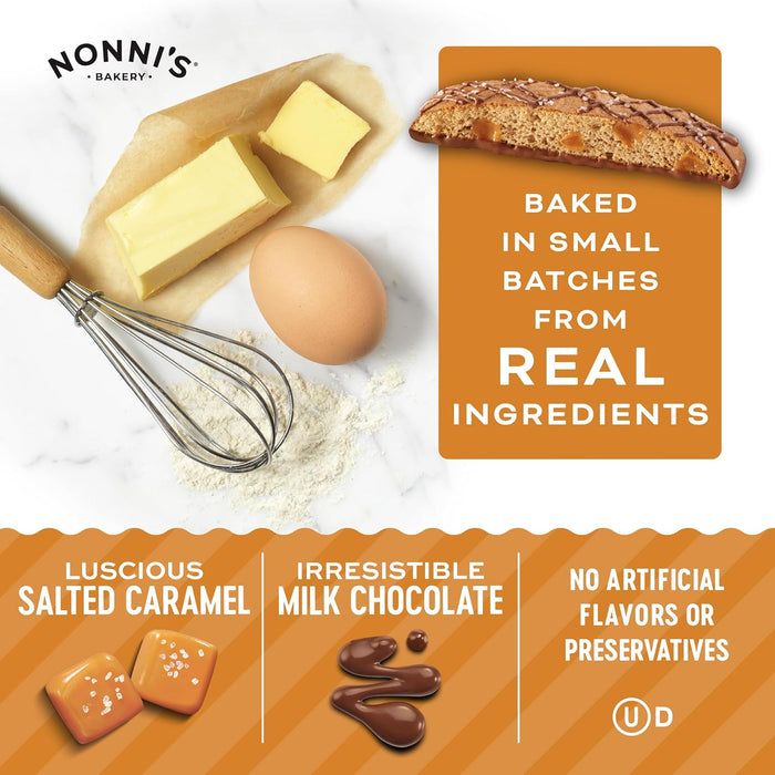 Nonni's Salted Caramel Milk Chocolate Biscotti Cookies — Individually Wrapped Italian Coffee Snack, Crunchy Twice-Baked, 90 Cal Each, 21 oz Carton