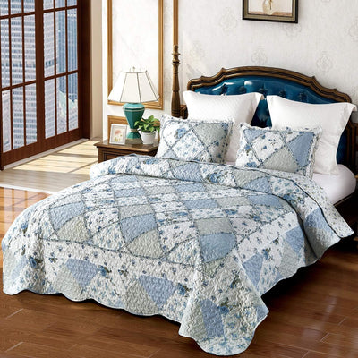 VIVILINEN Blue Floral Patchwork Quilt Set King Size Reversible Quilted Bedding Set with 2 Pillowcases