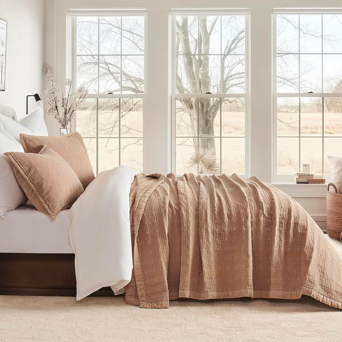 EVERGRACEHOME Stonewashed Cotton Quilt Set King Size, Ultra Soft Oversized Bedspread Coverlet Set, Lightweight Crinkle Box Stitch Bedding Sets for All Season, with 2 Shams, Mocha Brown