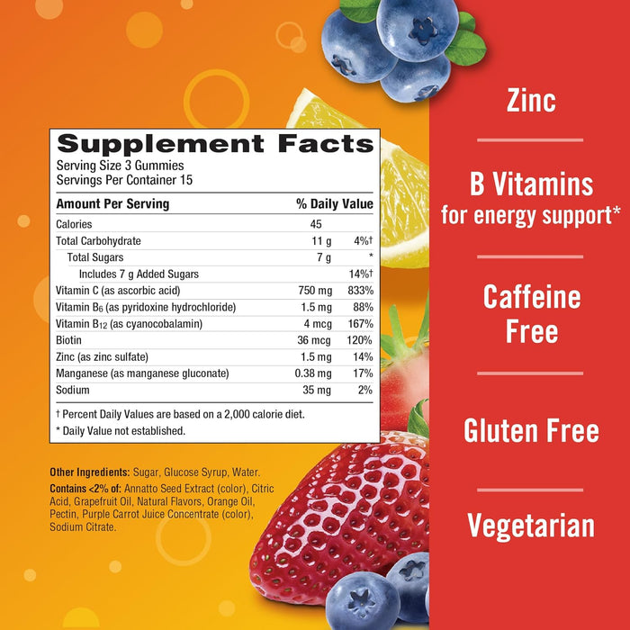 Emergen-C 750mg Vitamin C Gummies for Adults, Immune Support Gummies, Gluten Free, Strawberry, Lemon and Blueberry Flavors - 45 Count