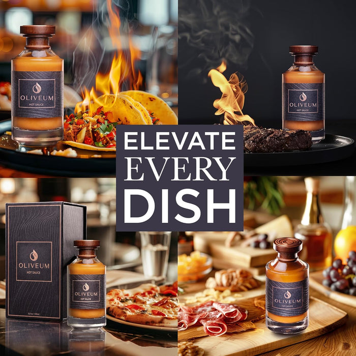 Oliveum Hot Sauce - Gourmet Medium Spice Organic Habanero Peppers. Unique Spicy Salsa Flavor For BBQ, Mexican, Asian, Steak, Chili, Tacos, Buffalo, Wings, Pizza. Experience Fancy Luxury Craft Hand Made Small Batch Best and Hottest Gift Idea For Men in a B