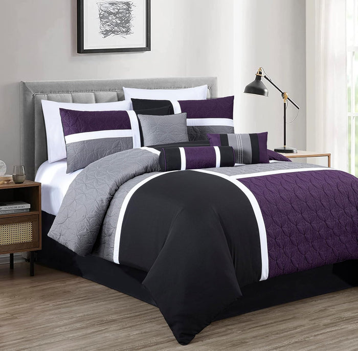 Chezmoi Collection Upland 7-Piece Quilted Patchwork Comforter Set, Lavender/Gray/Purple, California King