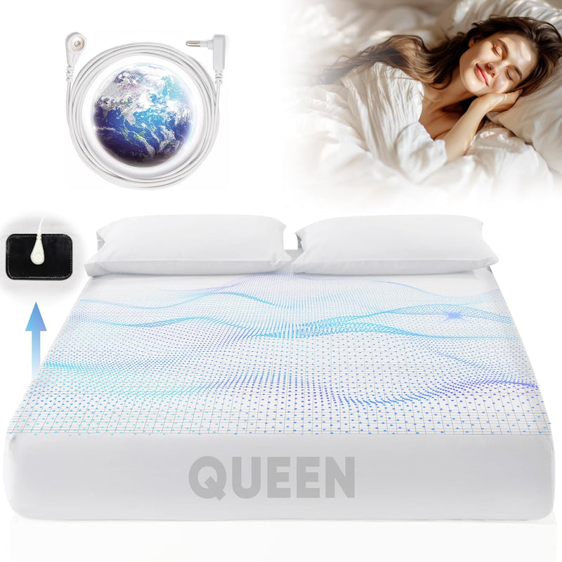 Grounding Sheet Queen Size - 95% Organic Cotton + 5% Pure Silver Fiber, Earth Connected Bedding (60"x 80"x 13" Gray) Fitted with Cord