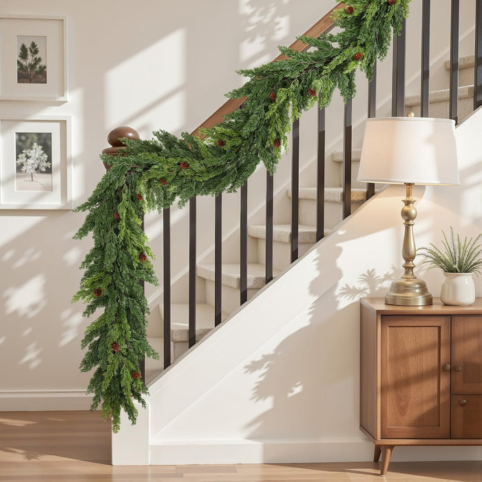 2PCS Christmas Garland, Cedar Garland -Realistic Greenery Cypress Pine Garland with Pinecone for Mantle Table Railing Fireplace Indoor & Outdoor Christmas Decoration