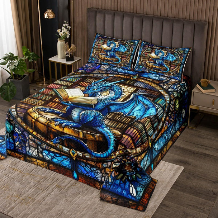 Western Dragon Kids Bedspread King Size,Blue Dragon Reading Book Bookshelf Coverlet Set,Boys Girls Room Decor,Geometric Patchwork Abstract Quilted Coverlet,Trippy Chic Bedding Quilt,2 Pillowcases