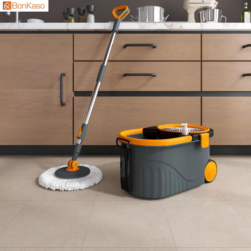 Bonkaso Spin Mop with Stainless Steel Wringer & Big Wheels | 360° Rotating Mop, Adjustable Handle | Easy Floor Cleaning Bucket Set with 2 Microfiber Refills – Grey & Orange (46 x 26.5 x 23 cm)