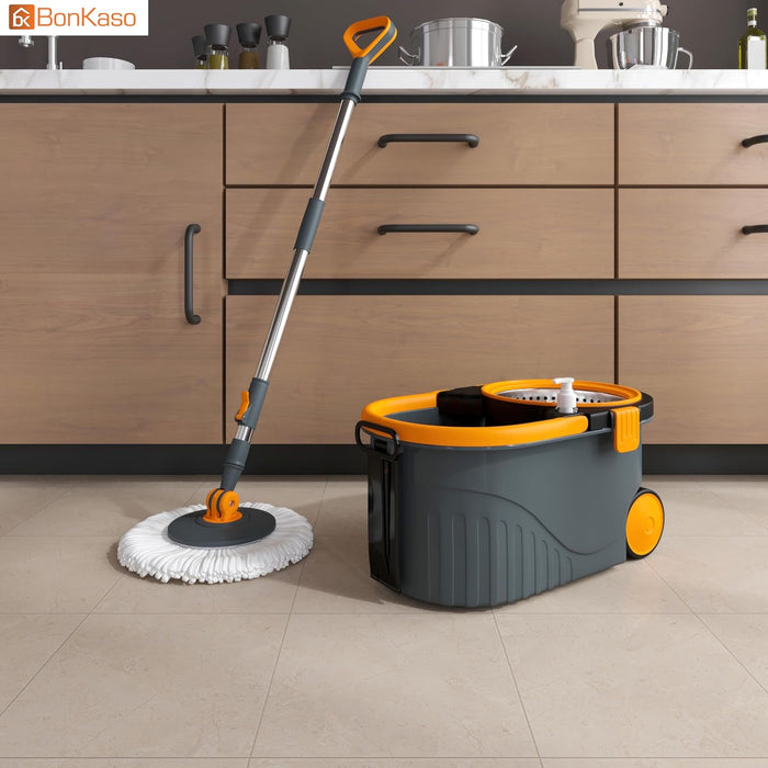 Bonkaso Spin Mop with Stainless Steel Wringer & Big Wheels | 360° Rotating Mop, Adjustable Handle | Easy Floor Cleaning Bucket Set with 2 Microfiber Refills – Grey & Orange (46 x 26.5 x 23 cm)