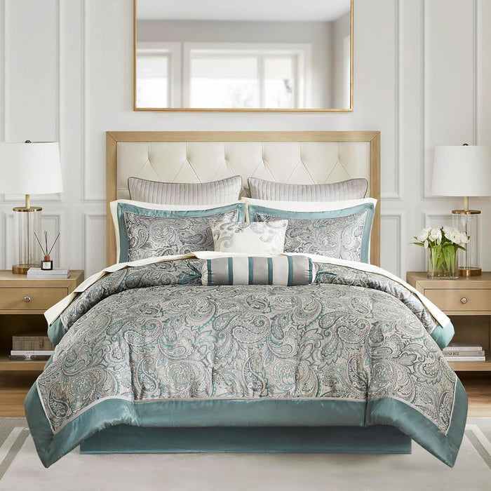 Madison Park Aubrey Cozy Comforter Set, Faux Silk Jacquard Paisley Design - All Season Down Alternative Bedding with Cotton Bed Sheets, Bed Skirt & Toss Pillows, Queen Navy 12 Piece