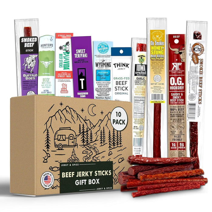 Jerky-n-Spice Exotic Jerky Variety Pack (10 Count) | Beef Jerky Gifts for Men | Assorted High Protein Meat Snacks | Premium Gourmet Wild Game Sampler | Ideal for Birthday, Road Trip & Camping