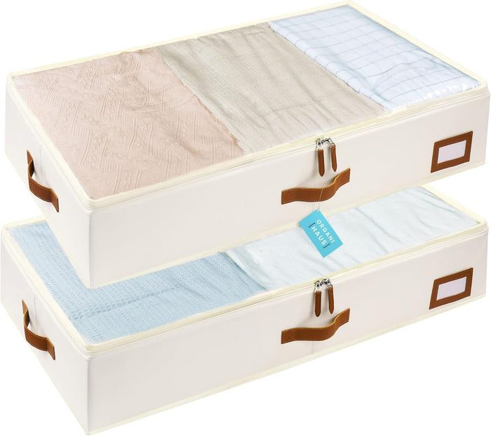 OrganiHaus Under Bed Storage Containers, Bedroom Storage and Organization Bins, Clothes Organizer for Closet with Clear Cover and Reinforced Handles - Set of 2 33x17x6 inches White Striped