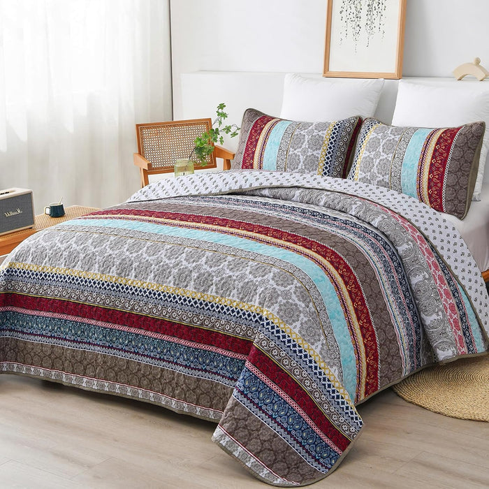WONGS BEDDING Boho Quilt Set King Size, Navy Blue Bohemian 3 Pieces Quilt Sets, Lightweight Microfiber Bedspread Coverlet Bedding Set for All Season (104"x90")