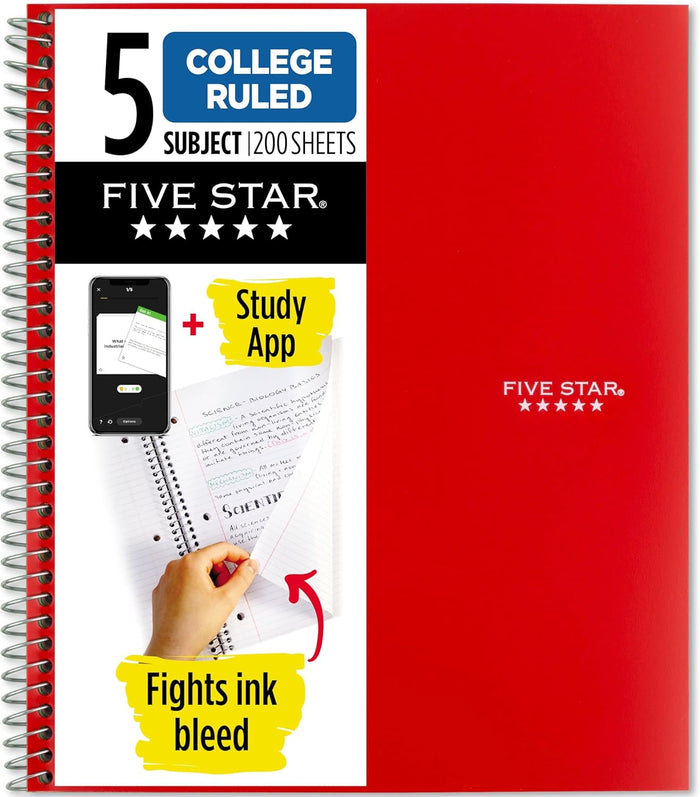 Five Star Spiral Notebook + Study App, 5 Subject, College Ruled Paper, 8-1/2" x 11", 200 Sheets, Fights Ink Bleed, Water Resistant Cover, Black (72081)