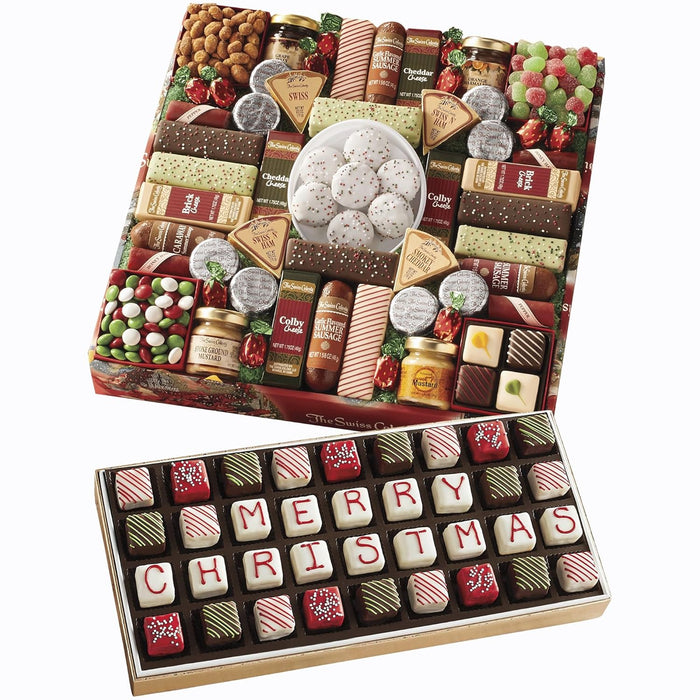 The Swiss Colony 43 Season Pleasers - Assorted Summer Sausage Meats, Mini Meat Sticks, Cheese Bricks and Wedges, Spreadables, Candies, & Chocolate Treats, Meat and Cheese Gift Set, Charcuterie Board