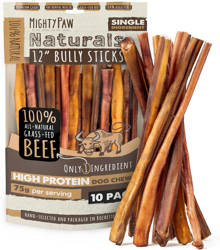Mighty Paw Long Lasting 12" Bully Sticks for Dogs - All Natural Grass Fed Beef Chews. Lower Odor Dog Bully Sticks for Large Dogs, Medium and Small Breeds. Single Ingredient Treats