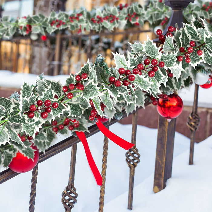 Whaline 2Pcs Christmas Artificial Garlands, 15.7Ft Xmas Berry Holly Leaves Garland Faux Greenery Garlands Winter Snowy Red Berries Hanging Vine for Wedding Party Home Decoration