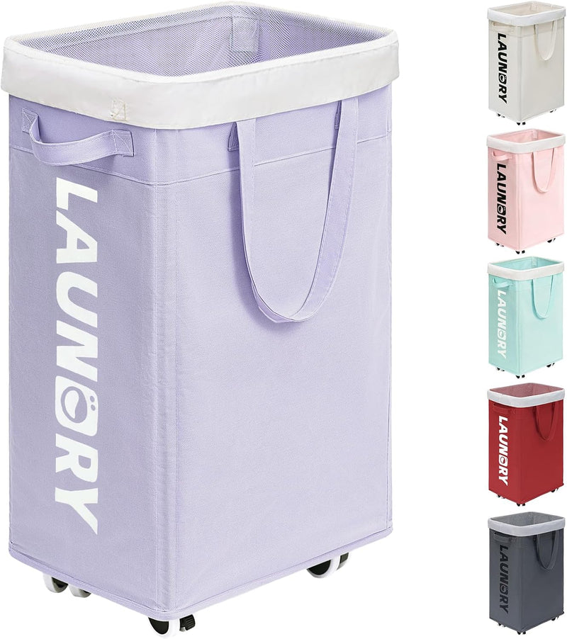 Goodpick Pink Laundry Baskets with Wheels 2-Pack, 75L Rolling Laundry Basket with Removable Wash Bags, Large Laundry Hamper for Corner Dorm, Collapsible Laundry Basket on Wheels