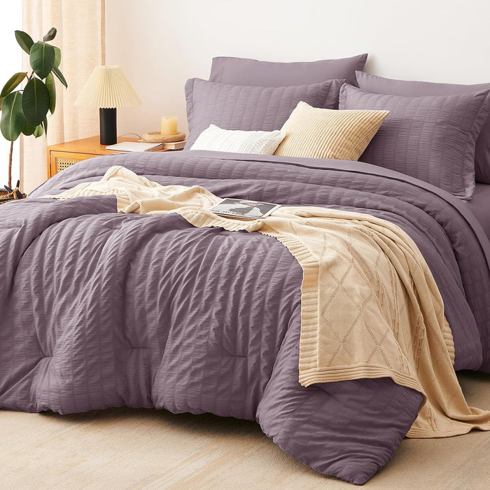 CozyLux Queen Comforter Set Dark Grey Seersucker 7 Pieces Bed in a Bag Queen Comforter Set with Sheets, Luxury Soft Bedding Set with Down Alternative Comforter, Sheets, Pillowcases & Shams All Seasons