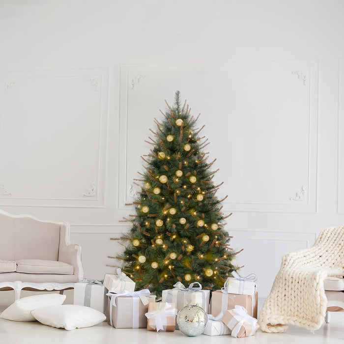 Cynthia 7.5ft Prelit Aritificial Christmas Tree with 3661 Branch Tips, 800 Warm Lights and Metal Stand, 60" Wide Realistic Rustic Christmas Tree with Lights by Naomi Home