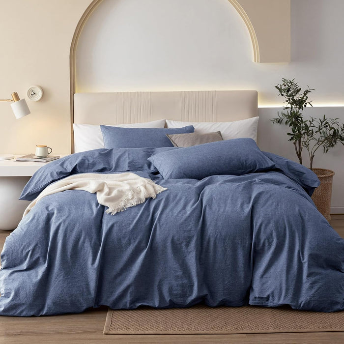 JIYUAN 100% Washed Cotton Duvet Cover Set 3 Pieces Queen, 1 Duvet Cover 90x90 Inches(Comforter Not Included) and 2 Pillowcases,Linen Feel Bedding Set Comfy and Breathable, Heathered Green