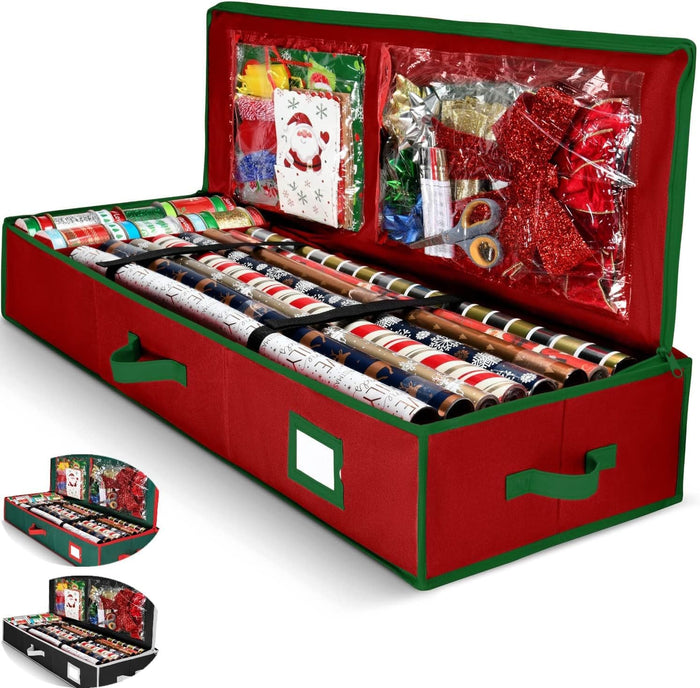Premium Wrapping Paper Organizer Storage | Gift Wrap Holder With Extra Pockets for Christmas Decorations, Reinforced Handles, Heavy Duty, Ultra-Durable, Tear-Proof Fabric - Fits Up to 27 Rolls (Black)