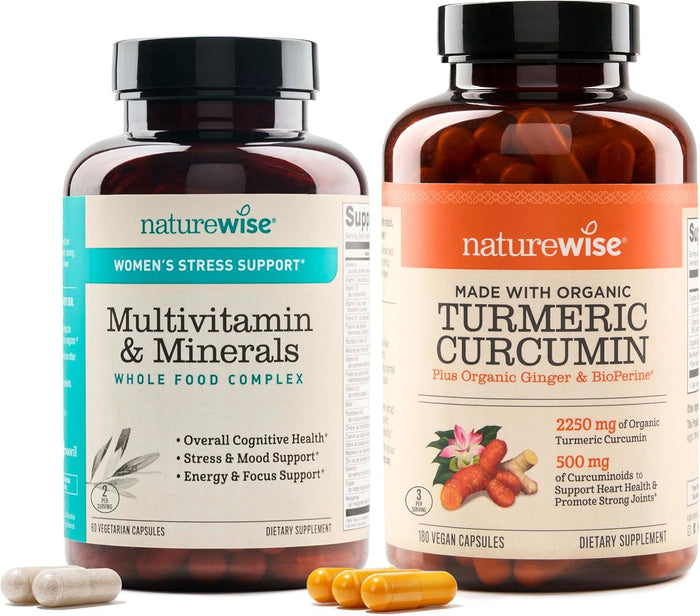 NatureWise Multivitamin for Women + Stress Support with Organic Whole Foods & Natural Minerals - B-Complex + Vitamin C + D3 K2 for Immunity, Hair, Skin & Nails - Non-GMO - 60 Capsules[30-Day Supply]