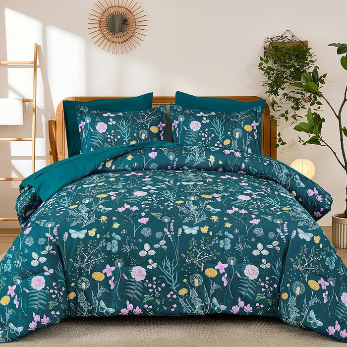 Yiran King Size Comforter Set 7 Piece, Dark Green Floral Bedding Set, Bed in a Bag King with Botanical Flowers Pattern, Soft Microfiber Complete Bedding Set with Sheets for All Season