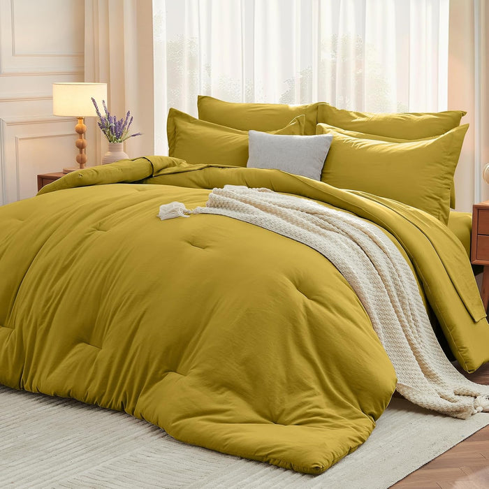 MUXHOMO 7 Pieces Queen Comforter Set, Soft Bed in a Bag Queen Size, All Season Bedding Set with Comforter, Flat Sheet, Fitted Sheet, Pillowcases & Shams, Ivory