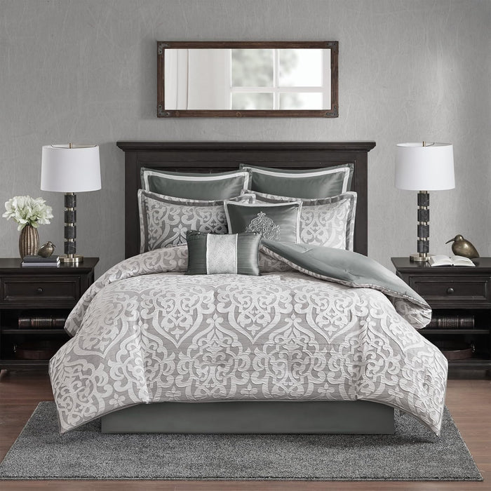 Madison Park Odette Cozy Comforter Set Jacquard Damask Medallion Design - Modern All Season, Down Alternative Bedding, Shams, Decorative Pillow, King(104 in x 92 in), Tan 8 Piece