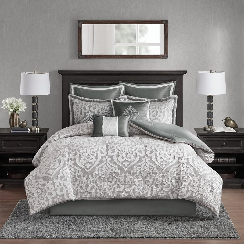 Madison Park Odette Cozy Comforter Set Jacquard Damask Medallion Design - Modern All Season, Down Alternative Bedding, Shams, Decorative Pillow, King(104 in x 92 in), Tan 8 Piece