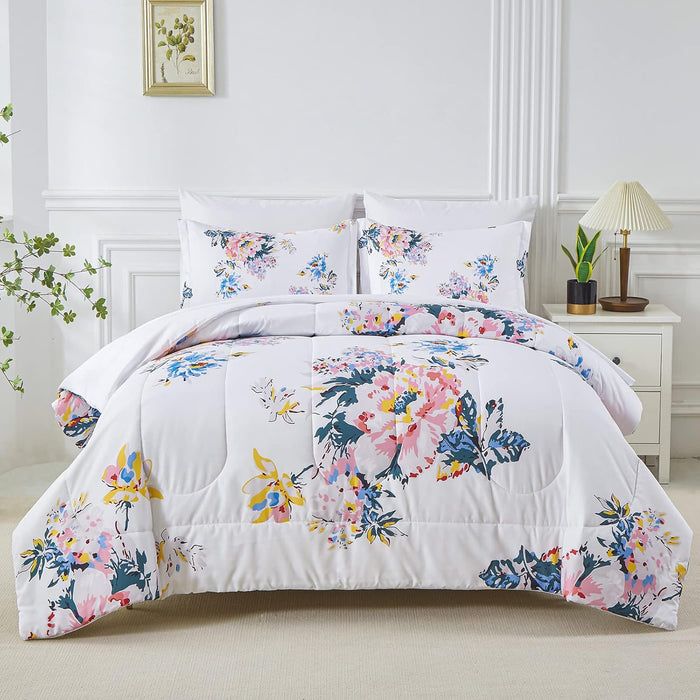 Yogeneg 7 Piece Bed in a Bag Full Size Comforter Set Botanical Floral Bedding Set,White Flower Leaves Printed on Black Reversible Design,Soft Microfiber Comforter with Sheet Set,All Season(Black,Full)