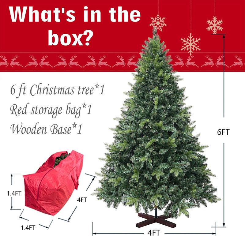 6ft Artificial Christmas Tree, 1152 Realistic Branch Tips, Easy Assembly Hinged Design, Includes Base