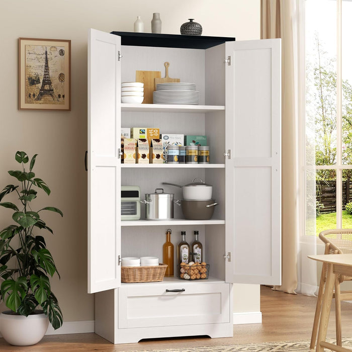 Vongrasig Kitchen Pantry Storage Cabinet with Barn Doors, Drawer and Adjustable Shelves, 4-Tier Tall Rustic Wood Cupboard Locker for Kitchen, Dining Room, Living Room, Bathroom, White