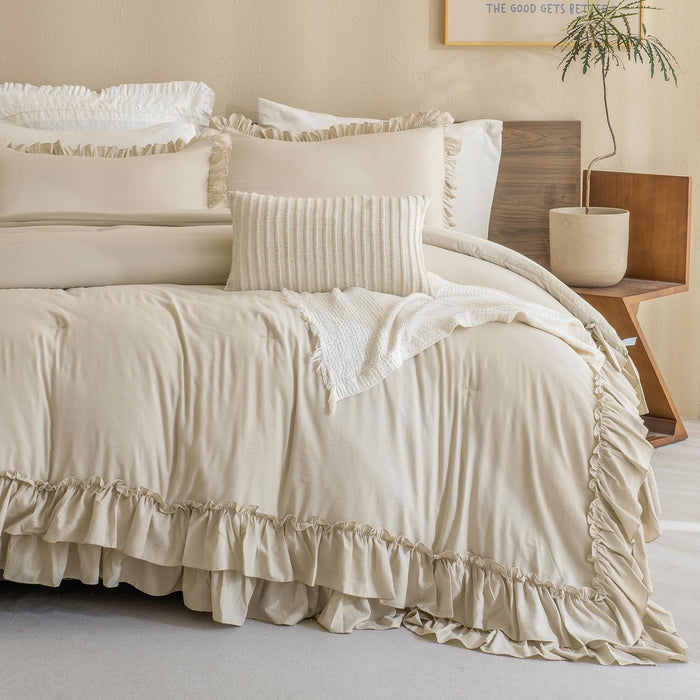 Queen's House Light Blue Farmhouse Ruffled King Size Comforter Set,Lightweight Microfiber Inner Fill Fluffy Boho Chic Bedding Comforter,Ultra Soft Microfiber Inner Fill Bedding