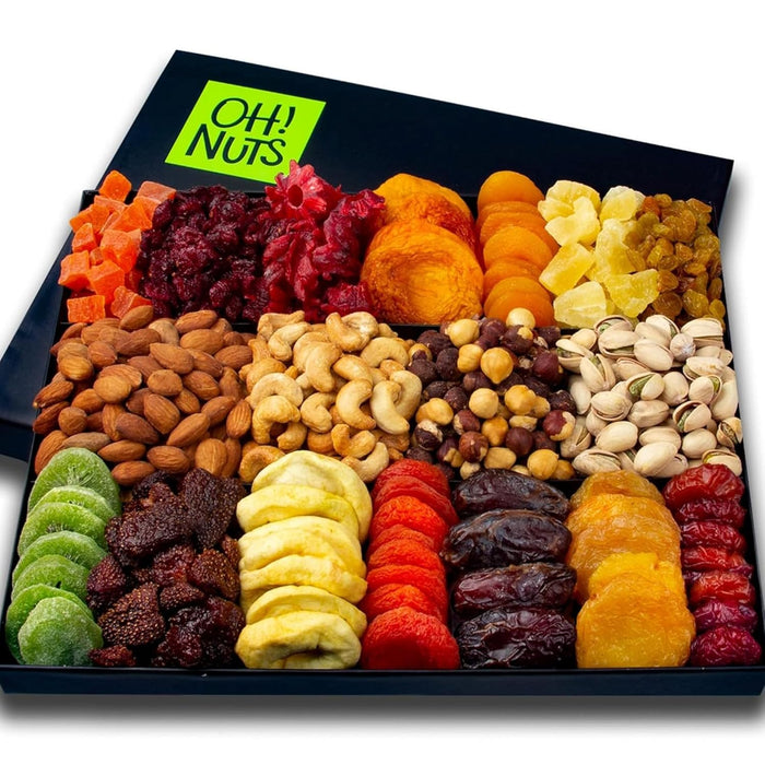 Oh! Nuts 5 Tier Gift Tower - 12 Assorted Dried Fruits and Nuts Gift Basket - Gourmet Healthy Snack Boxes for Holiday, Birthday, Thank You, Corporate Gifting, Parties & Family Celebrations