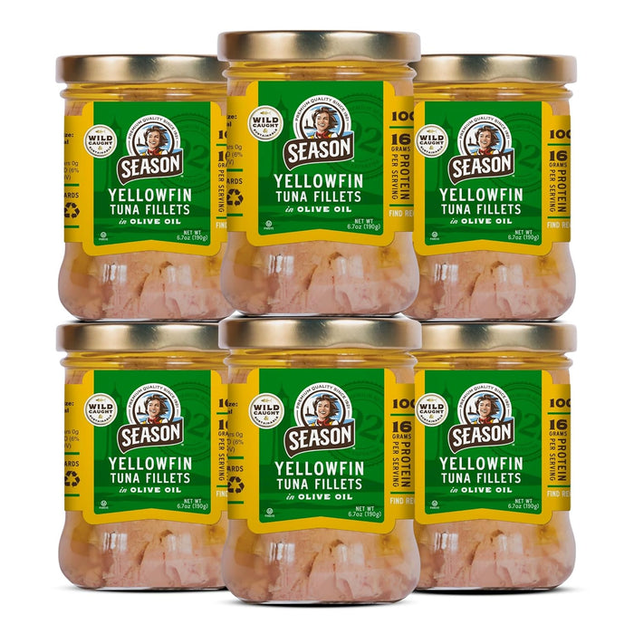 Season Yellowfin Tuna Fillets in Spring Water - Wild Caught, Hand-Packed in Glass Jars, 16g of Protein per Serving, Premium Quality - 6.7 Oz (Pack of 6)