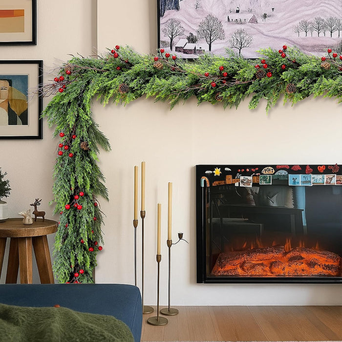6FT Artificial Cedar Christmas Garland with Red Berries & Pine Cones – Full Faux Winter Greenery for Holiday Mantel, Staircase, Doorway, Indoor Outdoor Christmas Décor