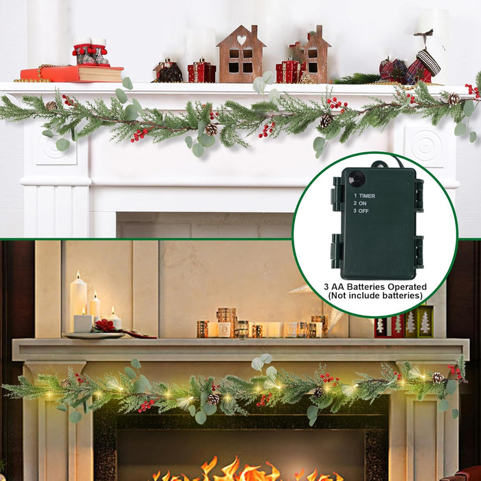 DR.DUDU Christmas Garland Decorations, 6FT Garlands with Lights Timer Indoor Decoration Pre-Lit Green Garland with Pine Cones Red Berry for Mantle Outdoor Fireplace Stairs Holiday Winter Décor