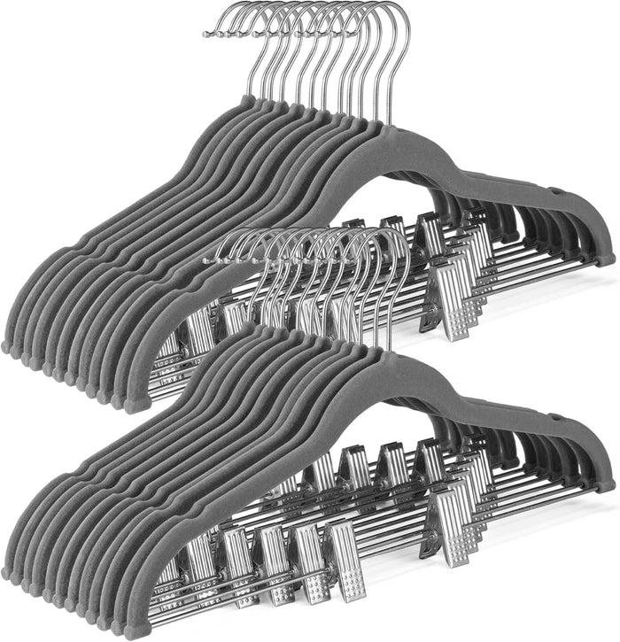 HOUSE DAY Velvet Skirt Hangers 24 Pack, White Velvet Hanger with Adjustable Clips, Space Saving Slim Pant Hangers, Heavy Duty Non Slip Clip Hanger for Pants, Skirts, Shorts