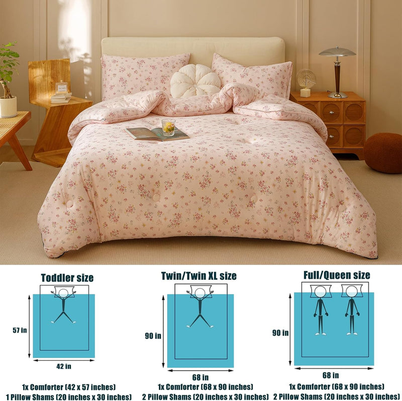 3PCS Comforter Set Queen Size, Ultra Soft Marshmallow Fluffy Comforter Bed Sets, Cute Bedding Set for Kids Girls Teen, Microfiber Lightweight All Seasons Bedroom (Pink Petals)