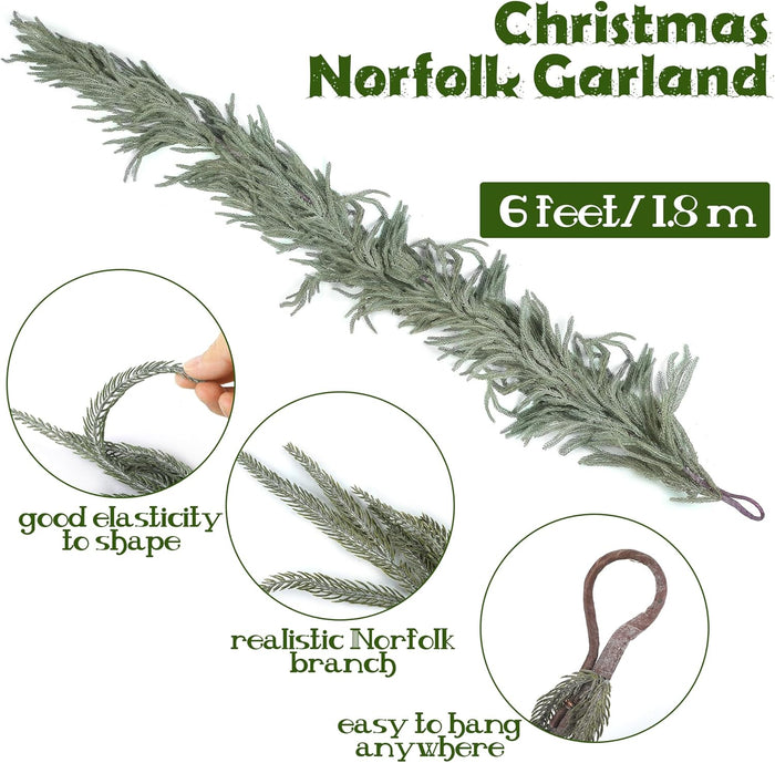 Fovths 1 Pack 6 Feet Christmas Norfolk Garlands Set Green Artificial Winter Pine Garlands Light String Faux Greenery Garland Pine Garland for Xmas Holiday Home Indoor Decor, Green and White