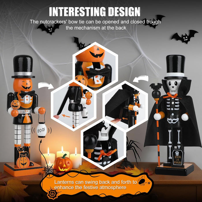 10" Halloween Decorative Nutcrackers, 2 Skeleton, Pumpkin Handmade Wooden Puppet Figures, Collectible Festive Present Figurine Shelves Tables Decorations